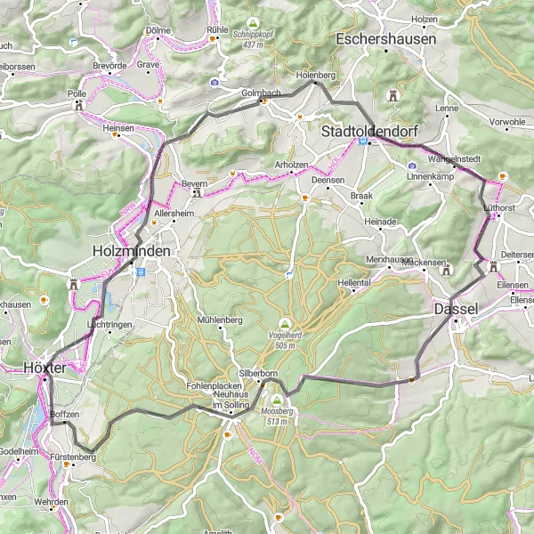 Map miniature of "Höxter - Holzminden - Dassel" cycling inspiration in Detmold, Germany. Generated by Tarmacs.app cycling route planner