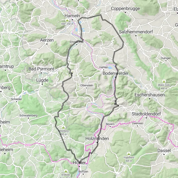 Map miniature of "Adventurous Road Cycling Loop" cycling inspiration in Detmold, Germany. Generated by Tarmacs.app cycling route planner