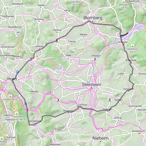 Map miniature of "Road Cycling Extravaganza: Horn to Wölberg" cycling inspiration in Detmold, Germany. Generated by Tarmacs.app cycling route planner