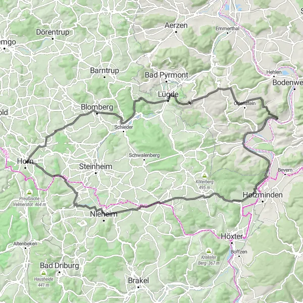Map miniature of "Epic Road Cycling Challenge: Horn to Hohehaus" cycling inspiration in Detmold, Germany. Generated by Tarmacs.app cycling route planner