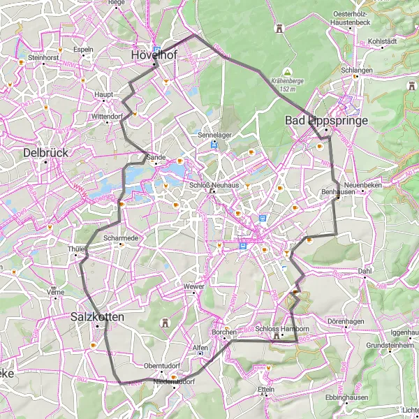 Karten-Miniaturansicht der Radinspiration "Road-Tour zu den Albedyllbergen und dem Lichtenturm" in Detmold, Germany. Erstellt vom Tarmacs.app-Routenplaner für Radtouren