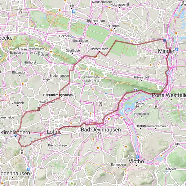 Map miniature of "Gravel Loop Around Kirchlengern" cycling inspiration in Detmold, Germany. Generated by Tarmacs.app cycling route planner