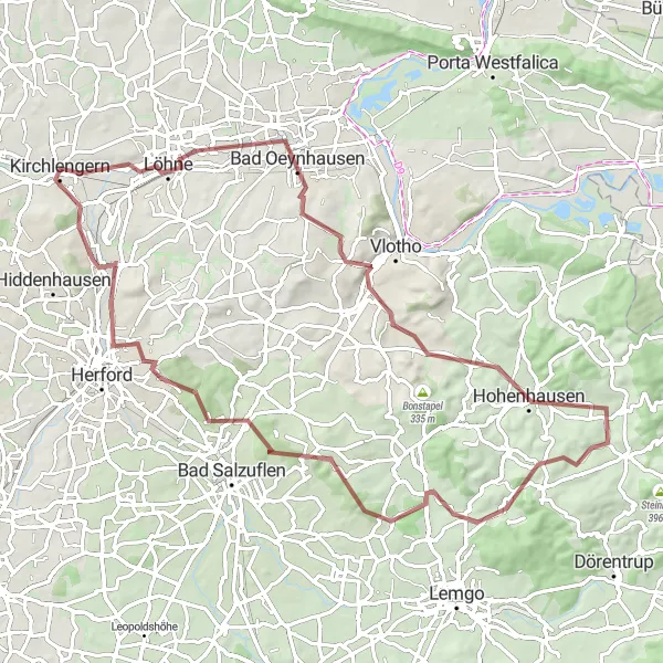 Map miniature of "Challenging Gravel Cycling Tour to Bergkirchen" cycling inspiration in Detmold, Germany. Generated by Tarmacs.app cycling route planner