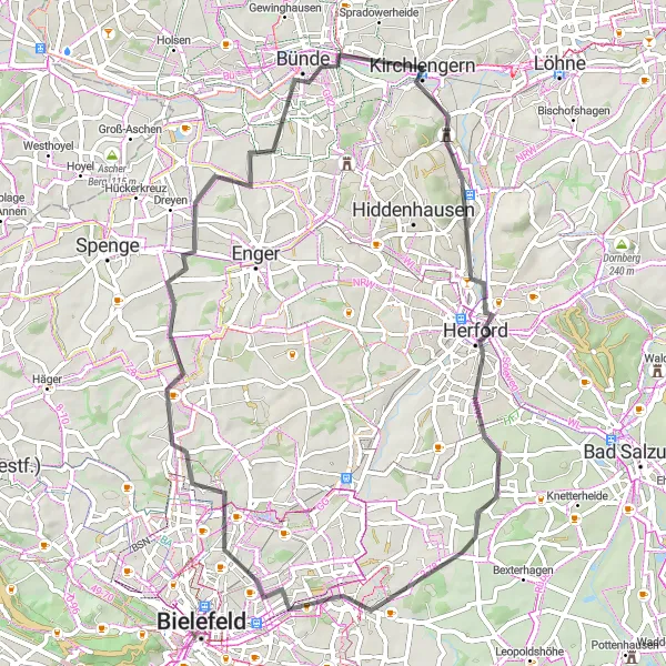 Karten-Miniaturansicht der Radinspiration "Rundfahrt um Kirchlengern" in Detmold, Germany. Erstellt vom Tarmacs.app-Routenplaner für Radtouren