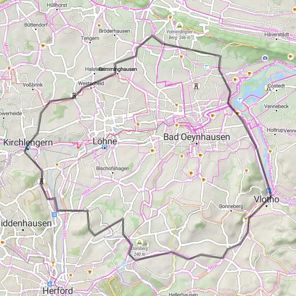 Map miniature of "Leisurely Road Cycling Route to Vlotho" cycling inspiration in Detmold, Germany. Generated by Tarmacs.app cycling route planner