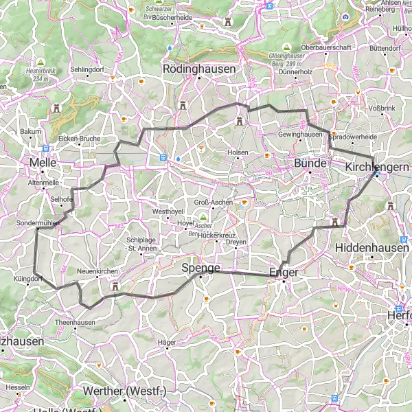 Map miniature of "The Enger Loop" cycling inspiration in Detmold, Germany. Generated by Tarmacs.app cycling route planner