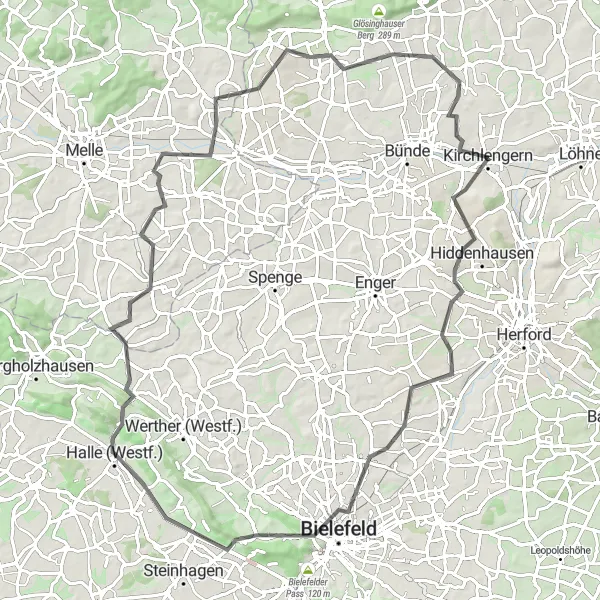 Map miniature of "Road Cycling Adventure from Kirchlengern to Spradowerheide" cycling inspiration in Detmold, Germany. Generated by Tarmacs.app cycling route planner