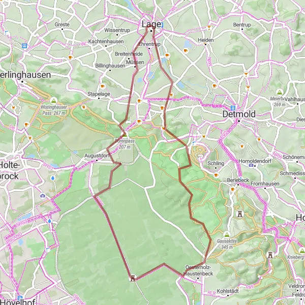Map miniature of "Lage's Gravel Wonderland" cycling inspiration in Detmold, Germany. Generated by Tarmacs.app cycling route planner