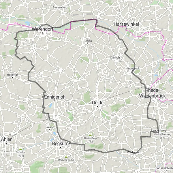 Map miniature of "Wadersloh - Diestedder Berg - Beckum - Warendorf - Greffen - Rheda-Wiedenbrück - Langenberg" cycling inspiration in Detmold, Germany. Generated by Tarmacs.app cycling route planner