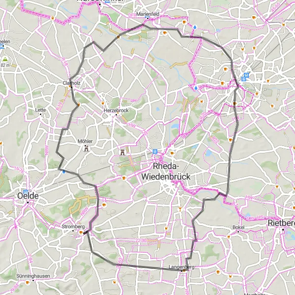 Map miniature of "Scenic Tour to Clarholz" cycling inspiration in Detmold, Germany. Generated by Tarmacs.app cycling route planner