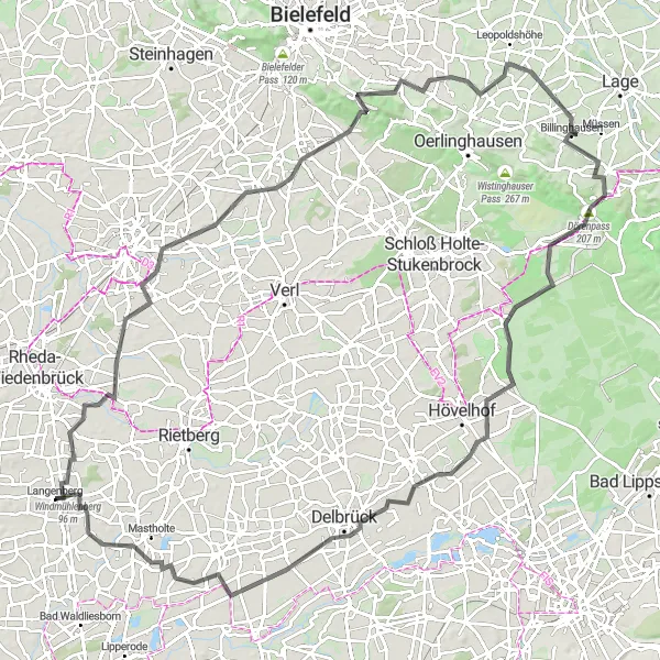 Map miniature of "Lintel - Friedrichsdorf - Ebberg - Billinghausen - Hörster Egge - Augustdorf - Aussichtsplattform Emsquelle - Delbrück - Windmühlenberg" cycling inspiration in Detmold, Germany. Generated by Tarmacs.app cycling route planner