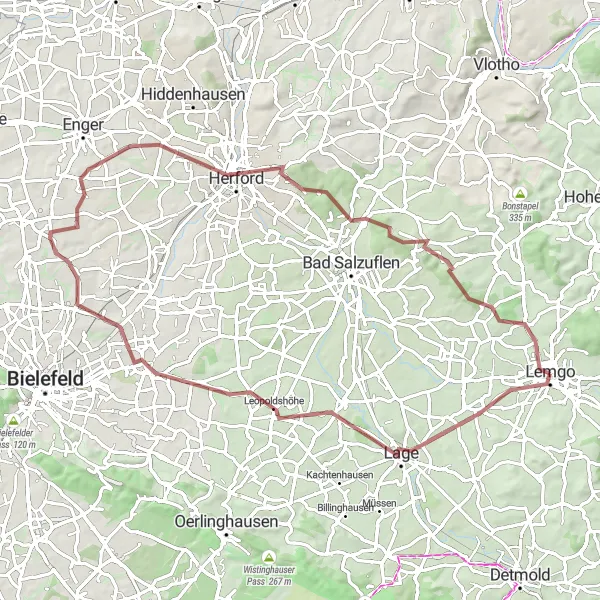 Map miniature of "Gravel Discovery to Lage" cycling inspiration in Detmold, Germany. Generated by Tarmacs.app cycling route planner