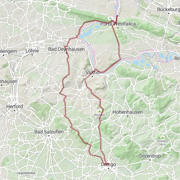 Map miniature of "Gravel Adventure to Matorf" cycling inspiration in Detmold, Germany. Generated by Tarmacs.app cycling route planner