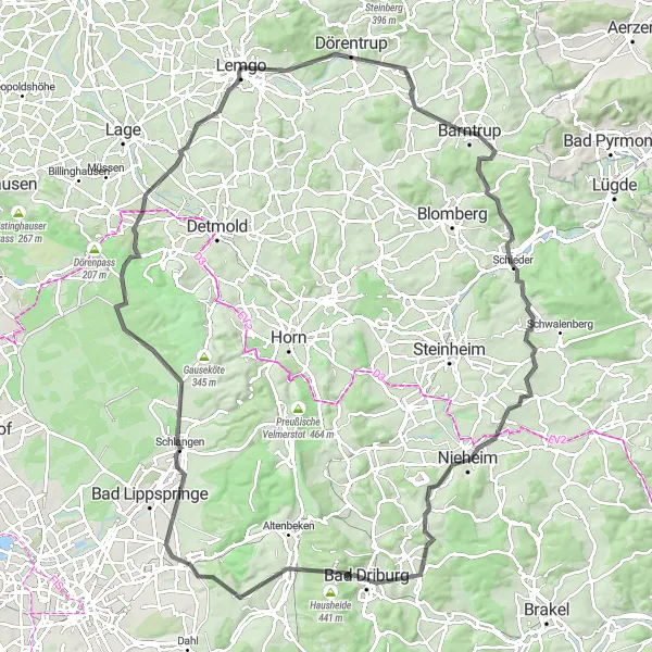 Map miniature of "Lemgo - Dörentrup - Mönckeberg - Kleiner Heinberg - Schieder - Aussichtsplattform - Nieheim - Bad Driburg - Dune - Schlangen - Allhornberg - Niewald - Lemgo" cycling inspiration in Detmold, Germany. Generated by Tarmacs.app cycling route planner