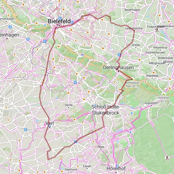 Map miniature of "Verl Gravel Escape" cycling inspiration in Detmold, Germany. Generated by Tarmacs.app cycling route planner