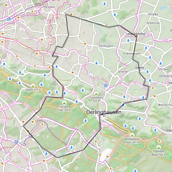 Map miniature of "Oerlinghausen Road Loop" cycling inspiration in Detmold, Germany. Generated by Tarmacs.app cycling route planner
