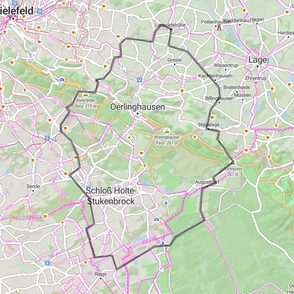 Map miniature of "Kachtenhausen Road Adventure" cycling inspiration in Detmold, Germany. Generated by Tarmacs.app cycling route planner