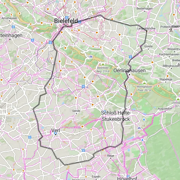 Karten-Miniaturansicht der Radinspiration "Rundtour durch Oerlinghausen und Bielefeld" in Detmold, Germany. Erstellt vom Tarmacs.app-Routenplaner für Radtouren