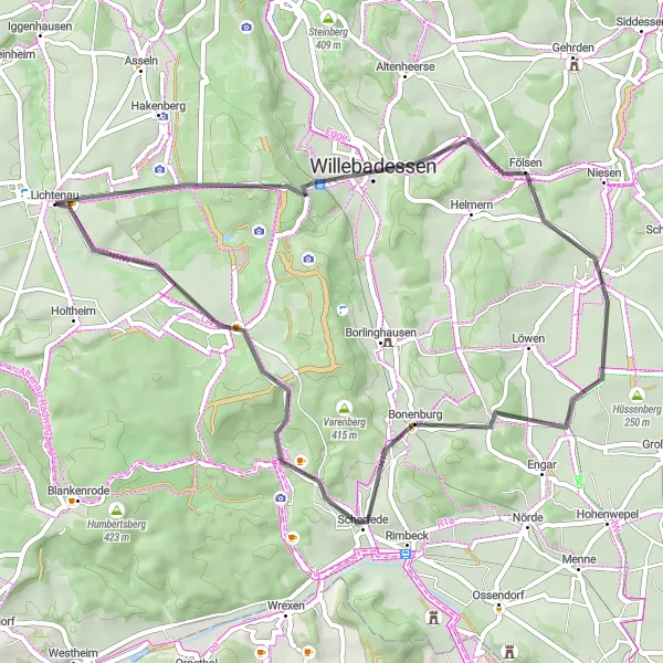 Karten-Miniaturansicht der Radinspiration "Hügelige Straßen von Willebadessen" in Detmold, Germany. Erstellt vom Tarmacs.app-Routenplaner für Radtouren