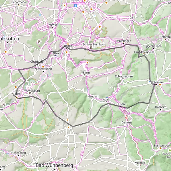 Karten-Miniaturansicht der Radinspiration "Kleine Dörfer und grüne Wege" in Detmold, Germany. Erstellt vom Tarmacs.app-Routenplaner für Radtouren