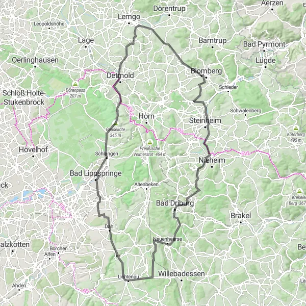 Karten-Miniaturansicht der Radinspiration "Landstraßenabenteuer" in Detmold, Germany. Erstellt vom Tarmacs.app-Routenplaner für Radtouren