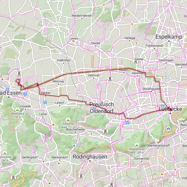 Map miniature of "Gravel Bliss in Lübbecke" cycling inspiration in Detmold, Germany. Generated by Tarmacs.app cycling route planner