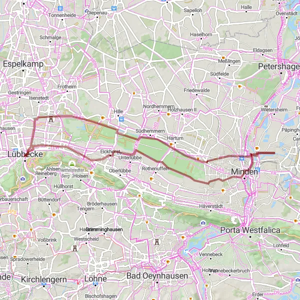 Map miniature of "Gravel Adventure near Lübbecke" cycling inspiration in Detmold, Germany. Generated by Tarmacs.app cycling route planner