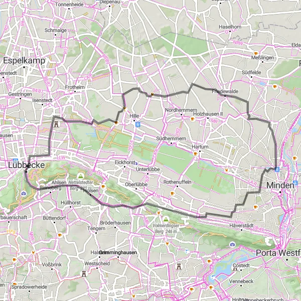 Map miniature of "Scenic Road Cycling near Lübbecke" cycling inspiration in Detmold, Germany. Generated by Tarmacs.app cycling route planner