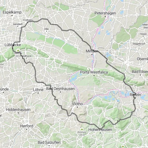 Map miniature of "Lübbecke and Surroundings" cycling inspiration in Detmold, Germany. Generated by Tarmacs.app cycling route planner