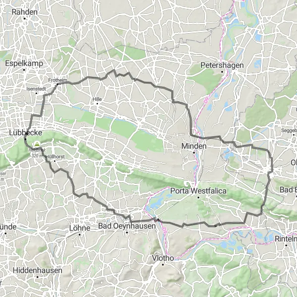 Karten-Miniaturansicht der Radinspiration "Road-Tour rund um Lübbecke: Steile Anstiege und malerische Ausblicke" in Detmold, Germany. Erstellt vom Tarmacs.app-Routenplaner für Radtouren