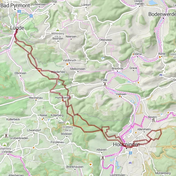 Karten-Miniaturansicht der Radinspiration "Geheimnisvolle Hügel und Täler Tour" in Detmold, Germany. Erstellt vom Tarmacs.app-Routenplaner für Radtouren