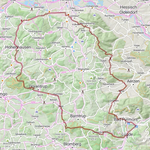 Map miniature of "Lügde Gravel Adventure" cycling inspiration in Detmold, Germany. Generated by Tarmacs.app cycling route planner