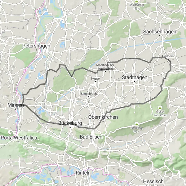 Map miniature of "Minden Loop" cycling inspiration in Detmold, Germany. Generated by Tarmacs.app cycling route planner