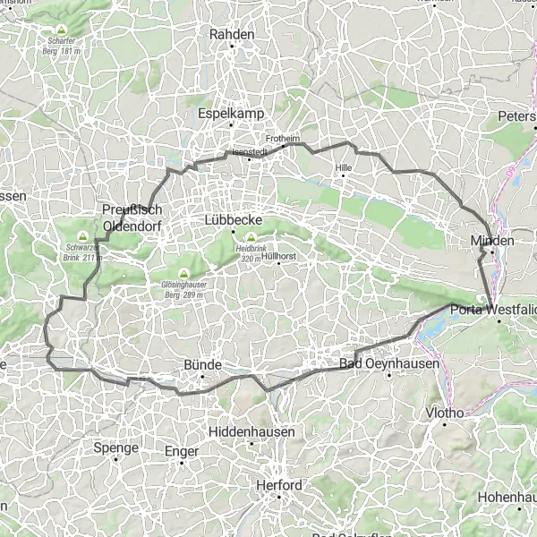 Karten-Miniaturansicht der Radinspiration "Tour durch das Wiehengebirge und Preußisch Oldendorf" in Detmold, Germany. Erstellt vom Tarmacs.app-Routenplaner für Radtouren