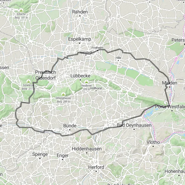 Map miniature of "Hills and Valleys" cycling inspiration in Detmold, Germany. Generated by Tarmacs.app cycling route planner