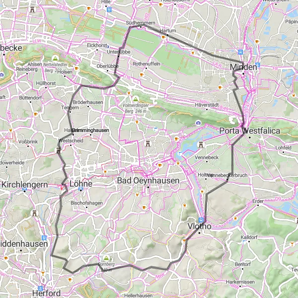 Karten-Miniaturansicht der Radinspiration "Rundweg um Minden über Egge- und Bröderhauser Berg" in Detmold, Germany. Erstellt vom Tarmacs.app-Routenplaner für Radtouren