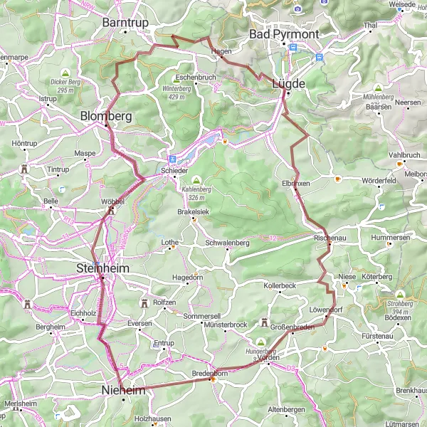 Map miniature of "Steinheim - Deutsches Eck - Blomberg - Beckerberg - Lügde - Dörenberg - Biesterfeld - Hungerberg - Aussichtsplattform - Nieheim" cycling inspiration in Detmold, Germany. Generated by Tarmacs.app cycling route planner