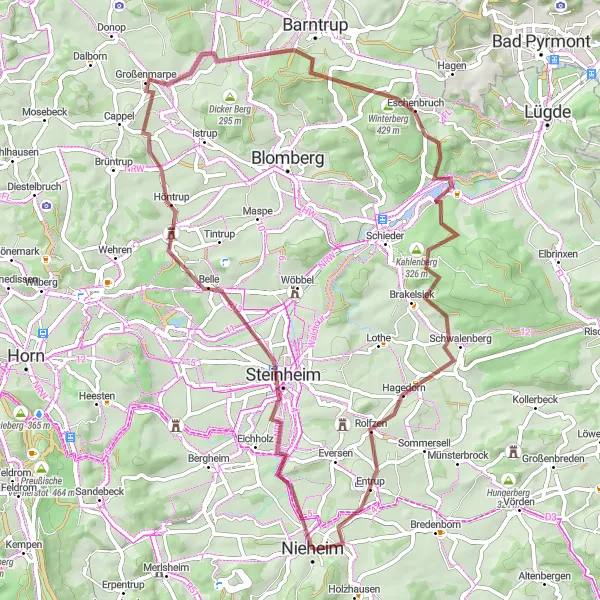 Map miniature of "Belle - Steinberg - Selbeck - Beckerberg - Keuperberg - Brakelsiek - Aussichtsplattform - Nieheim" cycling inspiration in Detmold, Germany. Generated by Tarmacs.app cycling route planner