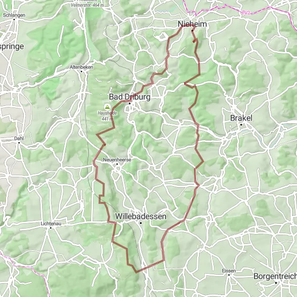 Map miniature of "Nieheim - Aussichtsplattform - Saurenberg - Fölsen - Borlinghausen - Bierbaums Nagel - Hausheide - Bad Driburg - Pömbsen" cycling inspiration in Detmold, Germany. Generated by Tarmacs.app cycling route planner