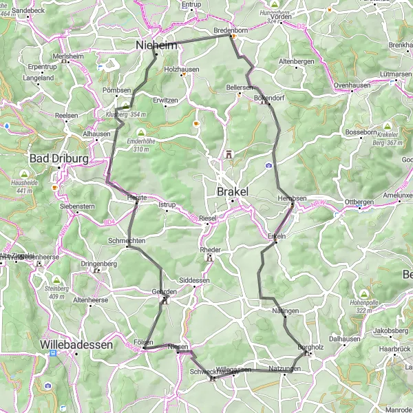 Map miniature of "Nieheim Loop" cycling inspiration in Detmold, Germany. Generated by Tarmacs.app cycling route planner