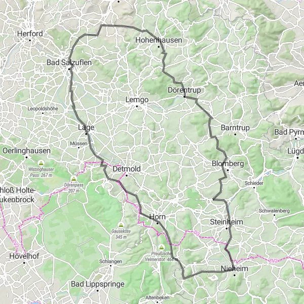 Karten-Miniaturansicht der Radinspiration "Hügelige Strecke um Bad Salzuflen" in Detmold, Germany. Erstellt vom Tarmacs.app-Routenplaner für Radtouren