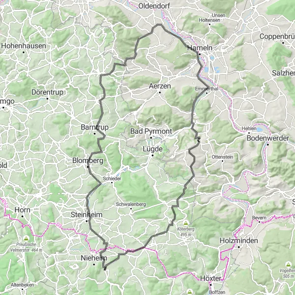 Map miniature of "Hills and Valleys" cycling inspiration in Detmold, Germany. Generated by Tarmacs.app cycling route planner