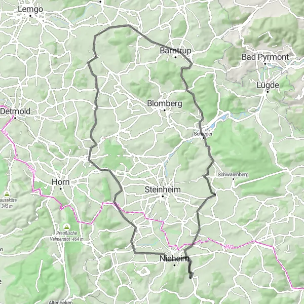 Map miniature of "Aussichtsplattform - Wasserschloß Vinsebeck - Mossenberg - Mönckeberg - Barntrup - Lattbergturm - Nieheim" cycling inspiration in Detmold, Germany. Generated by Tarmacs.app cycling route planner
