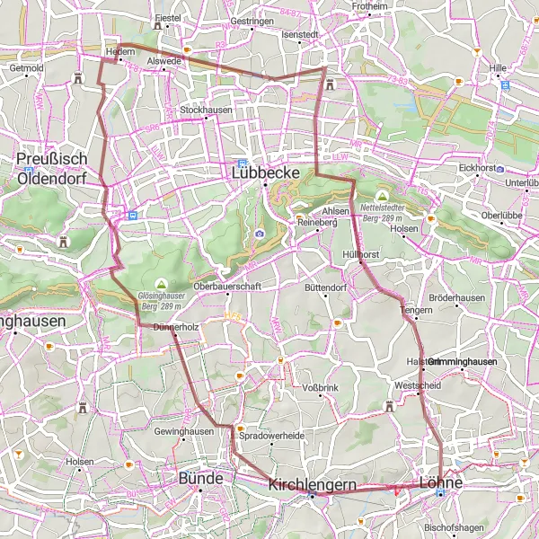 Map miniature of "Hüllhorst Gravel Loop" cycling inspiration in Detmold, Germany. Generated by Tarmacs.app cycling route planner