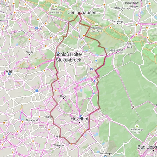 Map miniature of "The Oerlinghausen Adventure" cycling inspiration in Detmold, Germany. Generated by Tarmacs.app cycling route planner