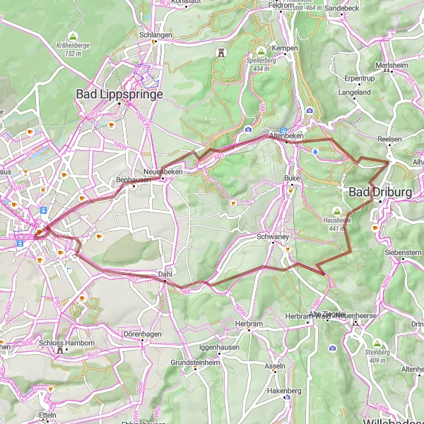 Map miniature of "Paderborn - Bad Driburg Gravel Route" cycling inspiration in Detmold, Germany. Generated by Tarmacs.app cycling route planner