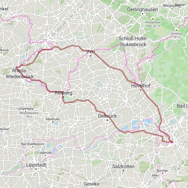 Map miniature of "Discovering Delbrück and Rietberg" cycling inspiration in Detmold, Germany. Generated by Tarmacs.app cycling route planner