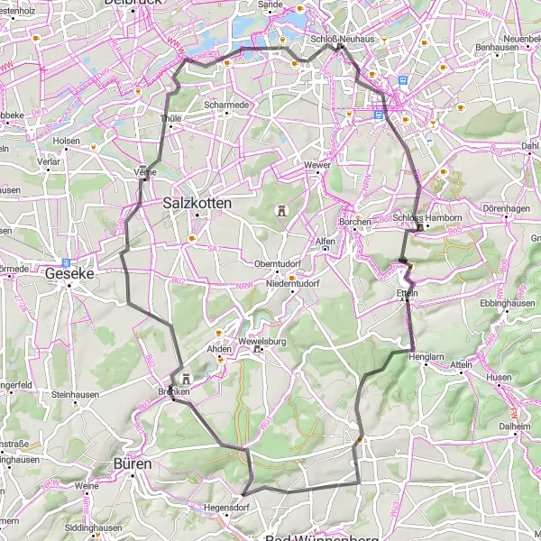 Map miniature of "Paderborn - Schloss Neuhaus Road Route" cycling inspiration in Detmold, Germany. Generated by Tarmacs.app cycling route planner