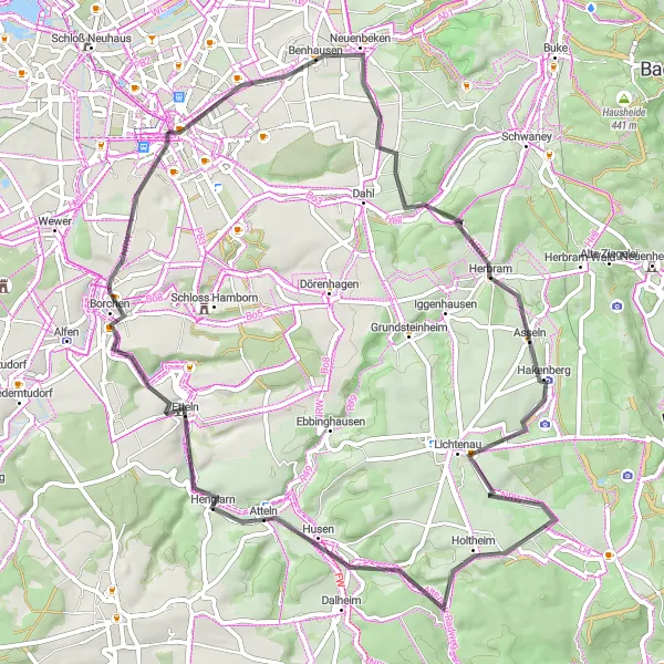 Map miniature of "Paderborn - Lichtenau Road Route" cycling inspiration in Detmold, Germany. Generated by Tarmacs.app cycling route planner