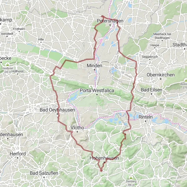 Map miniature of "Hills and Peaks of Petershagen" cycling inspiration in Detmold, Germany. Generated by Tarmacs.app cycling route planner